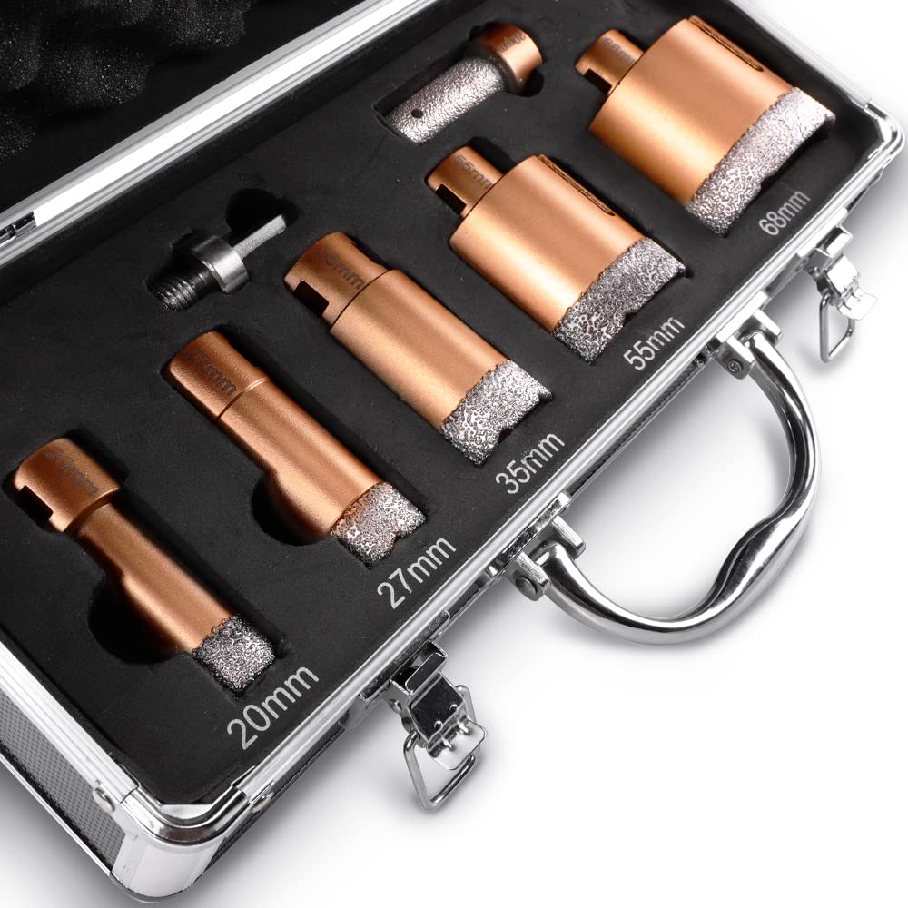 Diamond Drill Bit Set 20-27-35-55-68 mm + 25 mm Finger Cutter and HEX Adapter 15 mm Segment Height M14 Dry Drill Bit Hole Saw Set for Tiles, Ceramic, Masonry, Granite, Porcelain