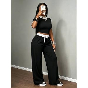 Women Two Piece Sets, Casual Matching Outfit with Short Sleeve Crew Neck Crop Top and High Waist Wide Leg Pants