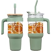 Chunmo 40 oz Glass Tumbler with 2 Lids - Bamboo Straw Lid & 2-in-1 Sip and Flip Straw Lid, Iced Coffee Cup with Handle, Glass Water Bottle with Silicone Sleeve, BPA Free - 1 Pack