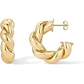 PAVOI 14k Gold Plated Hoop Earrings for Women | Twisted Rope Design Chunky Gold Earrings | Hypoallergenic Statement Fashion Jewelry | 30mm