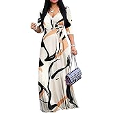 Yajedo Womens Casual Summer Maxi Dress Plus Size Sexy Warp V Neck 3/4 Sleeve Sundress with Poctets