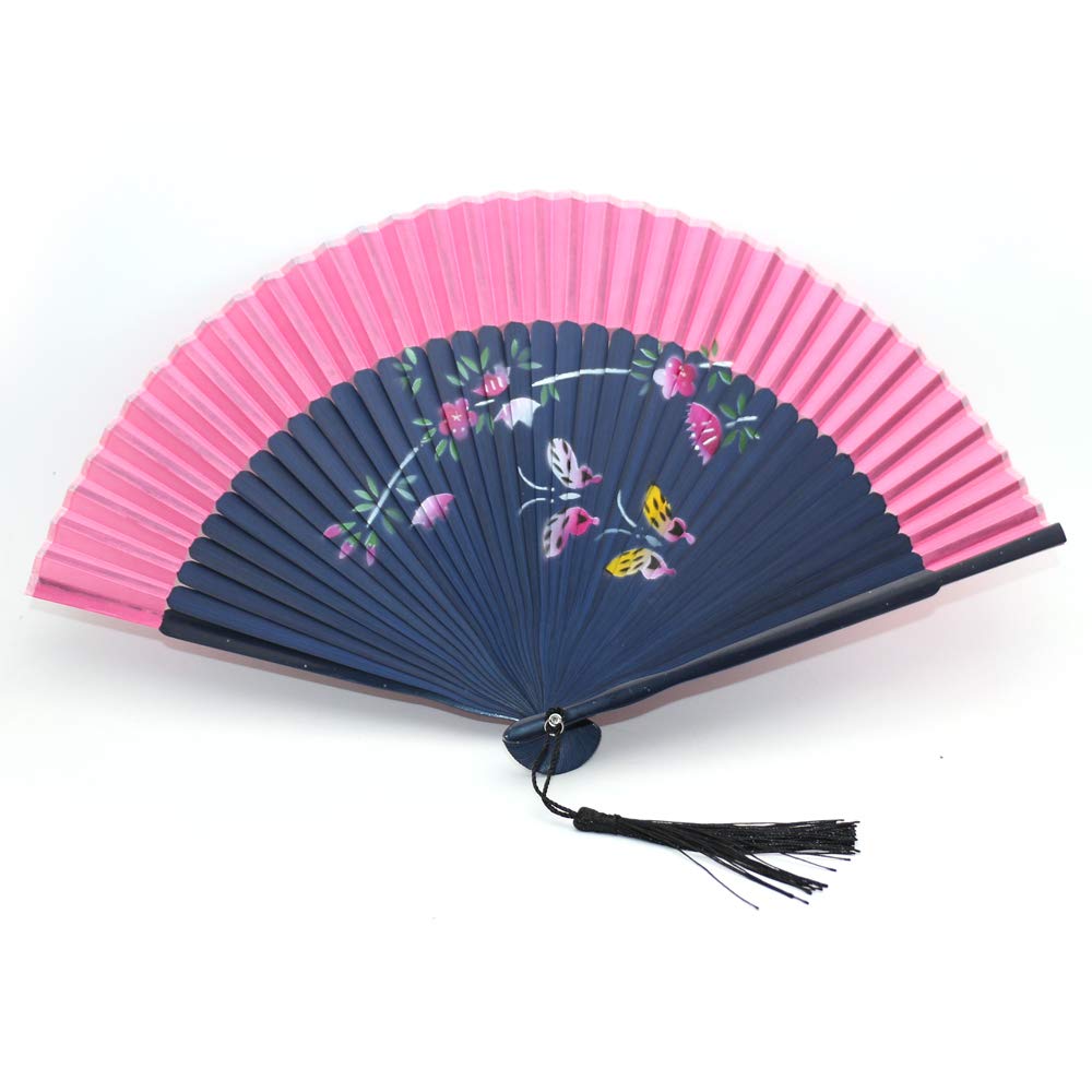 1SourceTek Silk Hand Held Fan 8.27 inches (21cm) Hand Fans for Women Folding, Hand Fan Folding With a Fabric Sleeve Protection for Gifts - Chinese Retro Style (Peach Blossom with Butterfly)