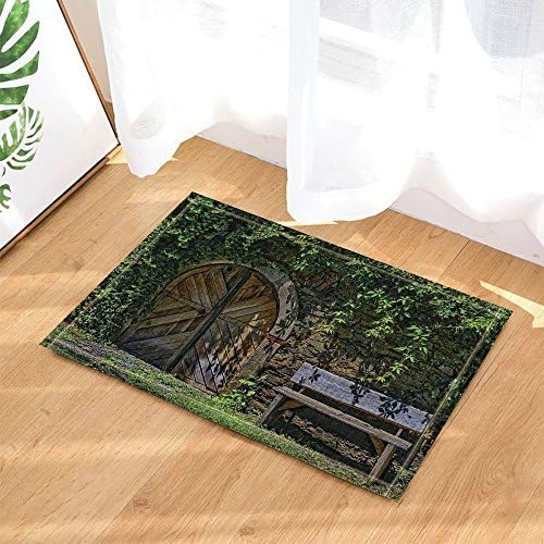 HiSoho Rustic Decor Stone Wall Covered Plants and Arched Wooden Barn Door with Wood Bench Bath Rugs Non-Slip Doormat Floor Entryways Indoor Front Door Mat Kids Mat 15.7x23.6in Bathroom Accessories