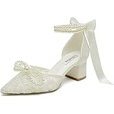 Lace Pearl Wedding Shoes for Bride Block Heel Bridal Shoes Closed Toe Wedding Heels
