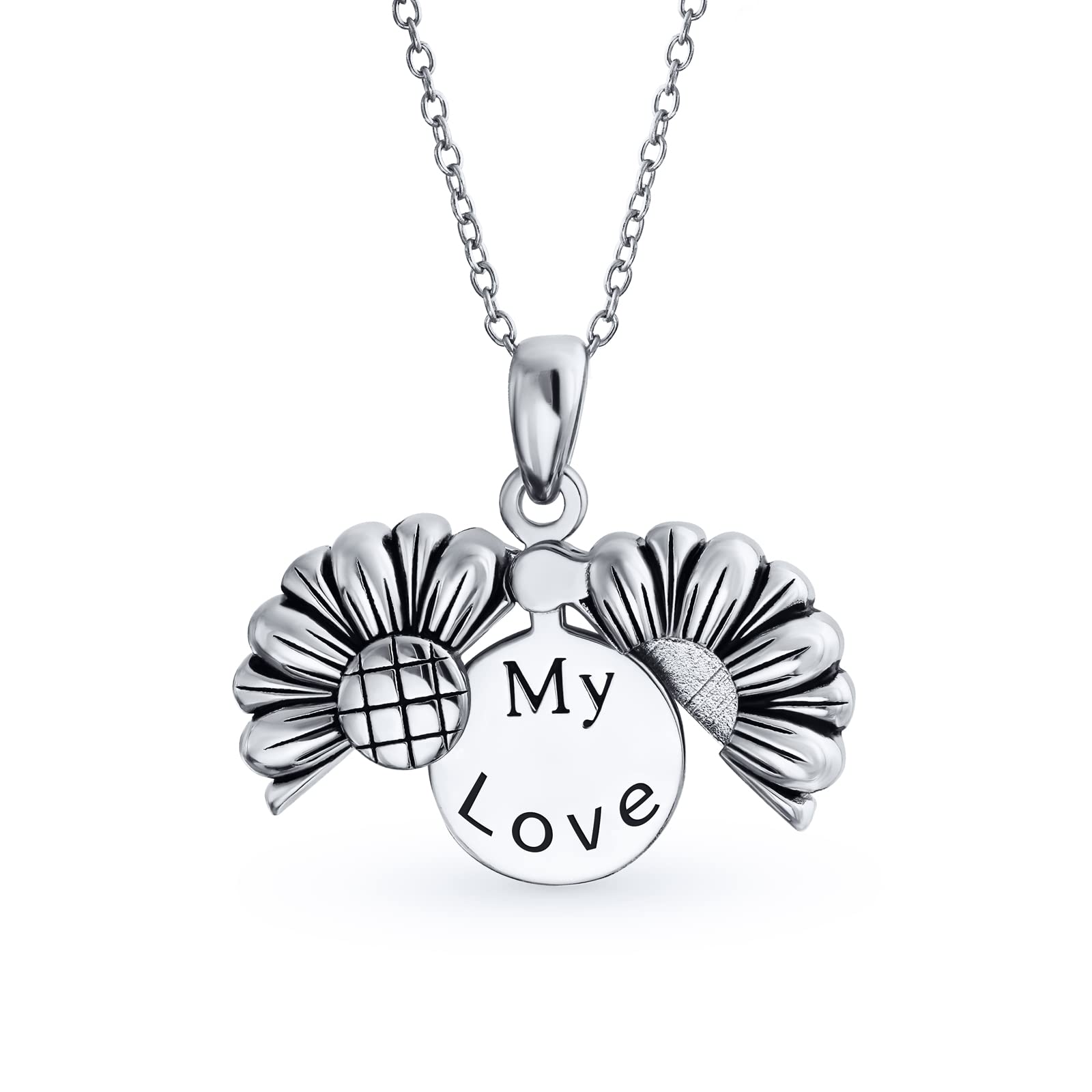 Bling Jewelry Personalize Floral Flower Inspirational Saying My LOVE Words Sunflower Open Locket Pendant Necklace For Women Teen Girlfriend Rhodium Plated .925 Sterling Silver