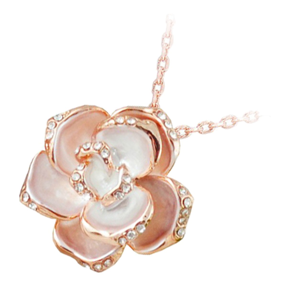 GWG Jewellery Pendant Necklace 18K Rose Gold Coated Rosebud Flower with White Leaves Graced with Diamond Clear Crystals in Gift Box for Women