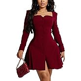 Vakkest Women's Sexy Mini Dress Long Sleeve Square V Neck Button Up Pleated A-Line Short Blazer Dresses Party Clothes