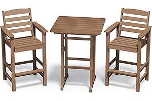 SERWALL Balcony Adirondack Chairs and Table 3 Pieces Set, Adirondack Bar Height Chairs Set of 2 and Bar Table, Outdoor Bar Stools Set for Bistro, Poolside, Backyard, Brown