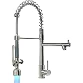Fapully Commercial Single Handle Pull Down Sprayer Brushed Nickel Kitchen Faucet, Kitchen Sink Faucet with LED Light