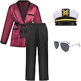 HTPARY Men Red Silky Robe Jacket with Black Pants Includes Captain Hat and Toy Prop Sunglasses Bunnygirl Cosplay Costume