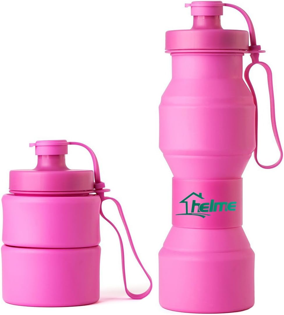 HELME Collapsible Water Bottle 27 OZ,Food Degree Folding BPA Free Silicon water Bottle 800ml FDA Great Partner for Sports ,Outside Working & Travel purple Pink