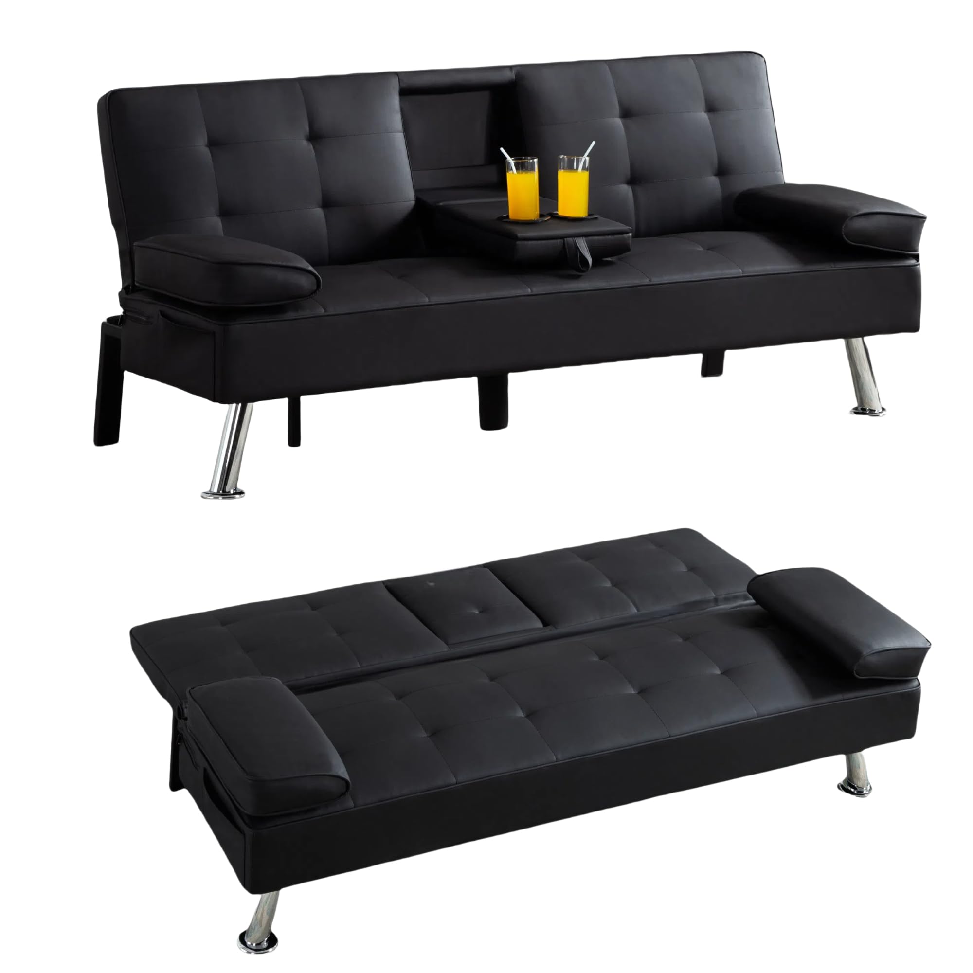 Photo 1 of **HAS A FABRIC RIP/MISSING A COUCH LEG** FONTOI Futon Sofa Bed, Convertible Sleeper Couch with Cup Holders, Folding Loveseat Sofa Recliner for Small Spaces, Apartment, Guest Room, Office, PU Leather, Black