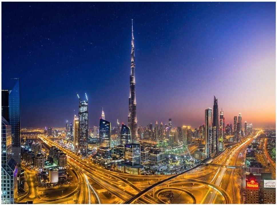 5D DIY Diamond Painting Dubai Modern City Night View Full Square/Round Diamond Mosaic Picture of Rhinestone Diamond Embroidery,Round Drill,40x50cm