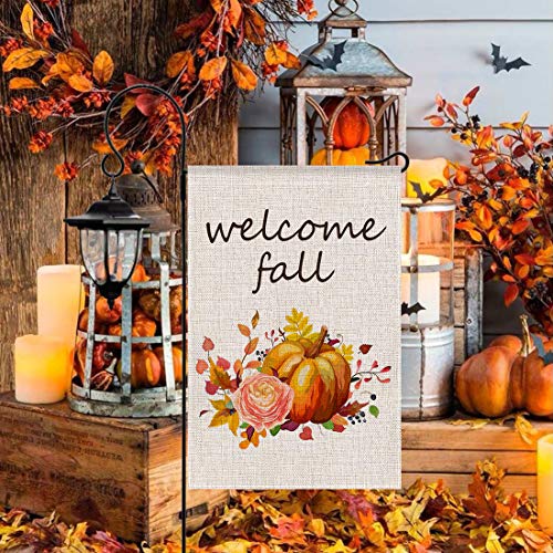 seogol Welcome Fall Flag Pumpkin Garden Flag 12.5 x 18 Double Sided Fall Autumn Harvest Yard Flag Seasonal Halloween Thanksgiving Holiday Outdoor Decorative for Home Garden Yard Lawn Patio