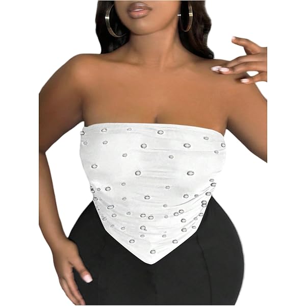MakeMeChic Women's Newspaper Print Strapless Tube Top – Backless Fitted Y2K Bandeau - View #4