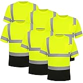WPLM 6 Pack High Visibility Reflective Safety Short Sleeve V Neck Crew Neck Work Shirts for Men Class 3 with Pocket