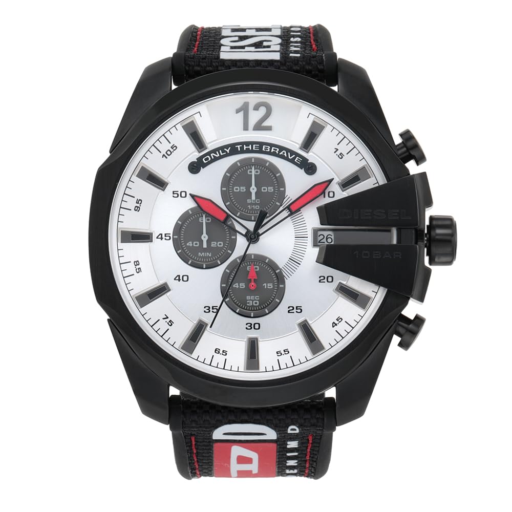 Diesel Watch for Men Mega Chief, Chronograph Movement, 51 mm Black Stainless Steel Case with a Nylon, Silicone Strap, DZ4512