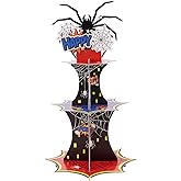 3-Tier Spider Cupcake Stand, Hero Themed Cupcake Holder with Spider Web Happy Birthday Topper Dessert Display Tree Tower for Kids Boys Halloween Birthday Party Decorations Supplies