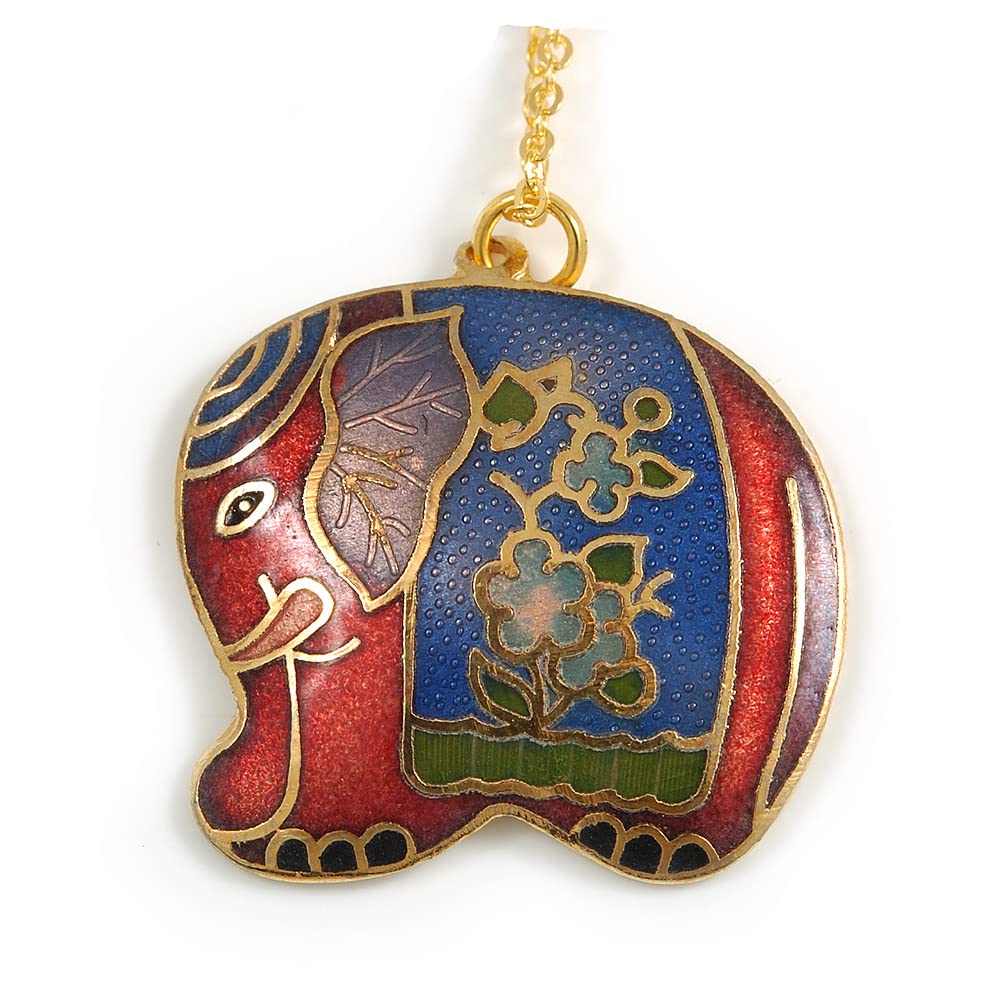 Avalaya Multicoloured Enamel Elephant Pendant with Gold Tone Chain - 44cm L/ 5cm Ext