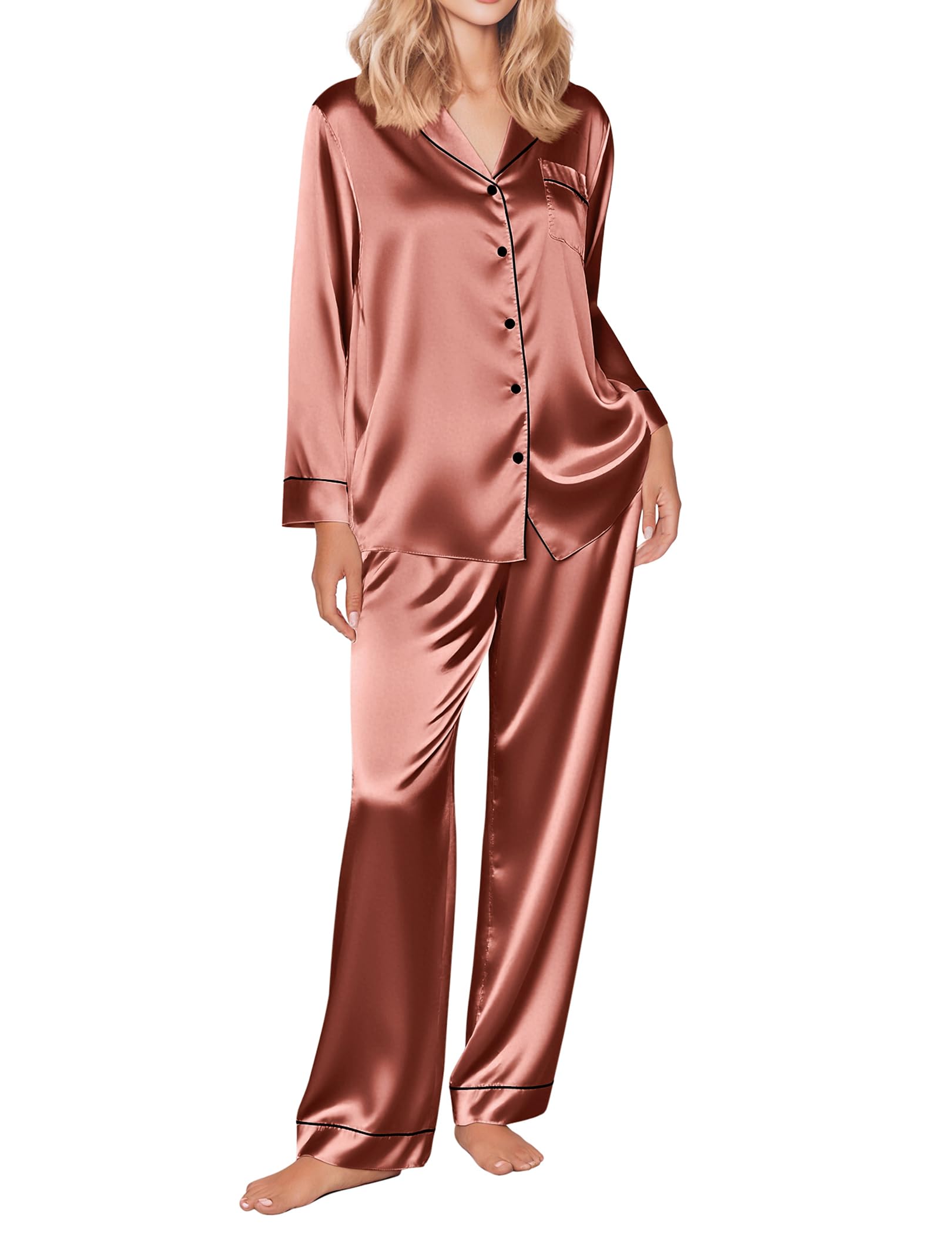 Photo 1 of ***ODOR(SWEAT)*** Ekouaer Silk Satin Pajama Set for Womens Button Up Long Sleeve Pjs Sleepwear Soft 2 Piece loungewear Brown X-Large