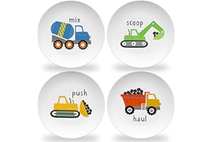 Tiny Expressions - Construction Plates for Toddlers - Set of 4 Melamine Plates for Kids - Excavator, Cement Mixer, Bulldozer, and Dump Truck - Fun Plastic Dinnerware for Kids