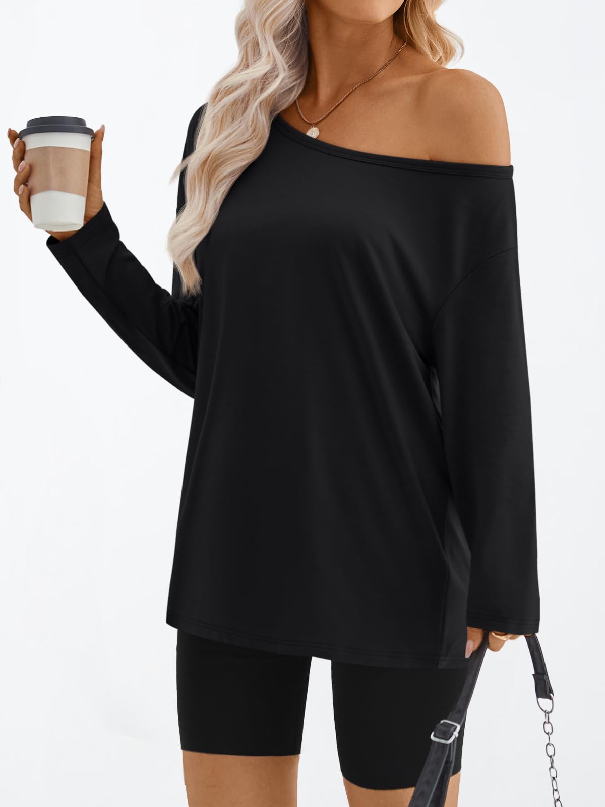 Trendy Queen Womens Off The Shoulder Tops Oversized Tshirts Long Sleeve 2025 Casual Basic Tees