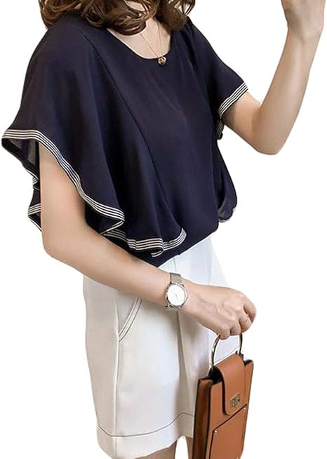 Amazon Zhongjue ジュージェン 半袖tシャツ レディース ゆったり シフォン ブラウス Vネック フリル ファッション カットソー フレアスリーブ おしゃれ シフォンシャツ 体型カバー 大きいサイズ 夏 シャツ ブラウス 通販