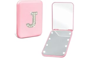 Aganmi Preppy Birthday Gifts for 12 13 14 15 16 Year Old Girls, Cute Pearl Initial Compact Mirror with Lights Pink Small LED Pocket Makeup Mirror Teen Girls Trendy Stuff Travel Essentials (J)