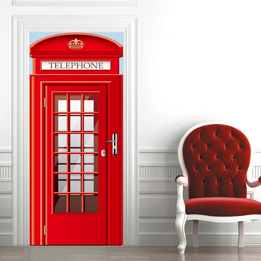 Abstract Art Door Sticker, Peel and Stick Vinyl Door Decals, British Phone Booth in London, United Kingdom - Wall Decal Art 3D Wallpaper