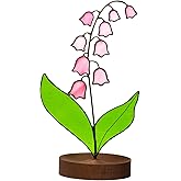 Lily of Valley Stained Glass Decor, Handmade Real Stained Glass Lily of Valley Flower Suncatchers with Walnut Wood Base, Cute Desk Windowsill Decor Plant Gifts for Women,Mom,Plant Lovers (Pink)