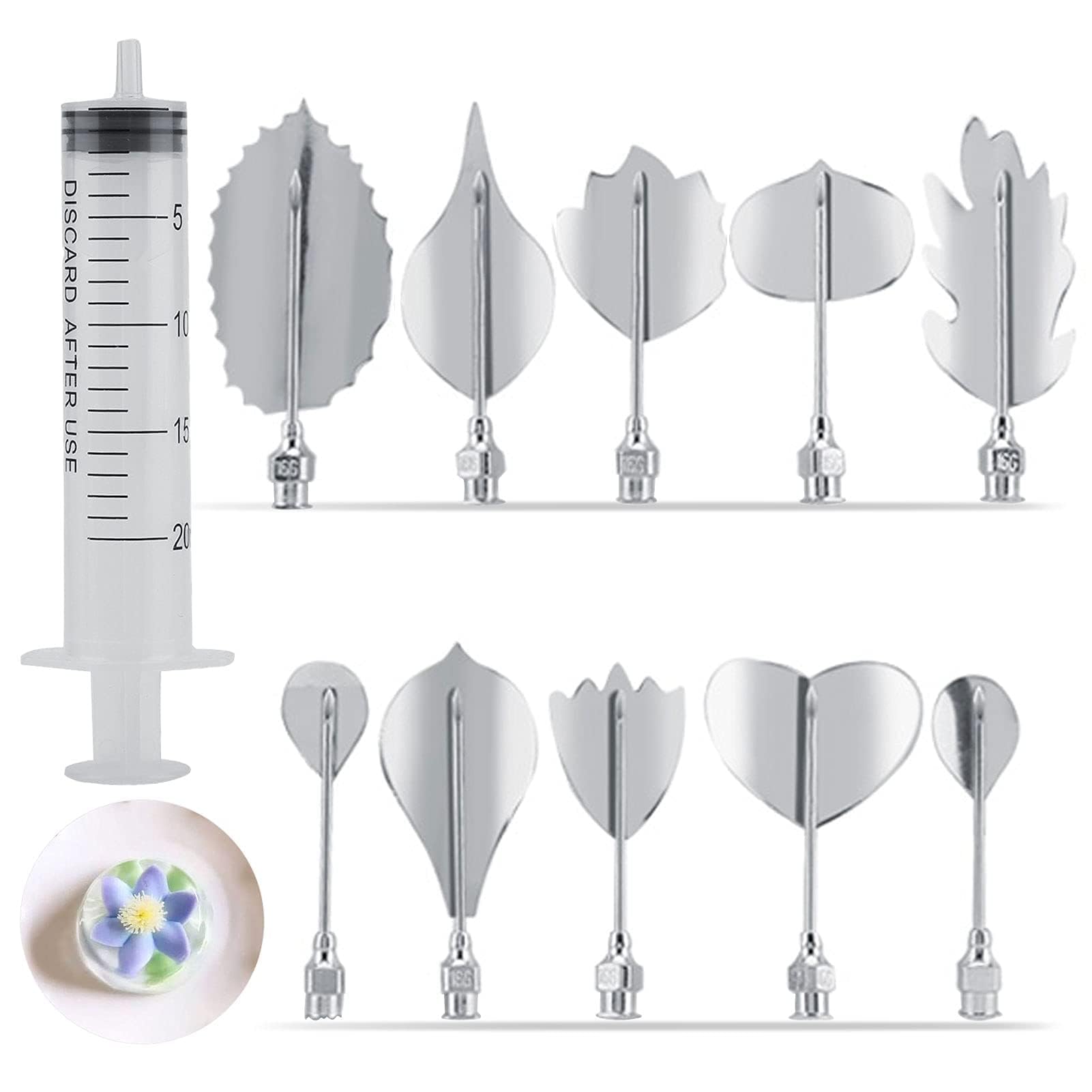 Agatige 11Pcs 3D Gelatin Jello Mold, Stainless Steel Gelatin Jelly Art Tools Pudding Nozzle Cake Needles Gelatin Tools with 10 Needles and 1 Syringes for Cake Decoration, Jelly Cake Making(N)