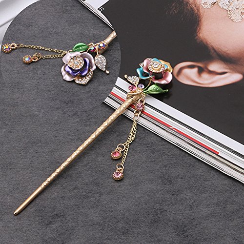 cici store Women Lady Hair Stick Handmade Rose Metal Rhinestone Hair Chopsticks Hairpin (Colorful)