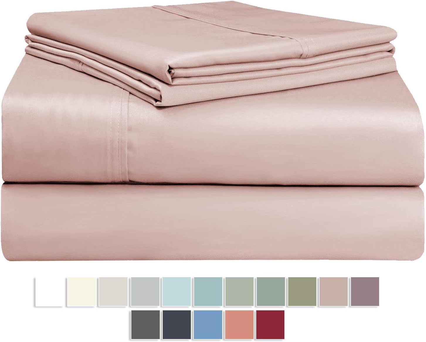 Pizuna 400 Thread Count Cotton Queen Sheets Set Rose Pink, 100% Long Staple Cotton Soft Sateen Bed Sheets with Stylish 4 inch Hem, fit Upto 15 inch Deep Pocket (Rose Pink 100% Cotton Queen-Size Sheet)