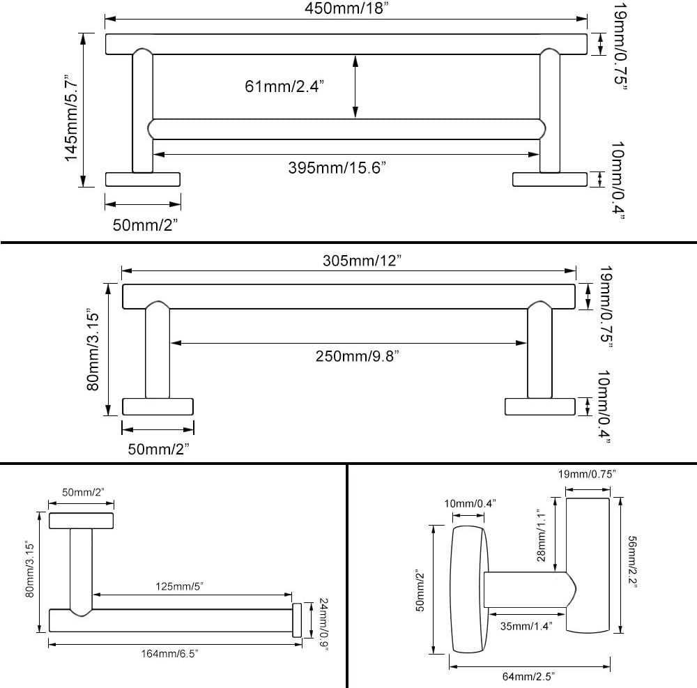 SUS 304 Stainless Steel Bathroom Hardware Set Matte Black 4 Pieces Bathroom Hardware Accessories Sets Wall Mounted Double Towel Bar Towel Holder Hook Toilet Paper Holder - - 