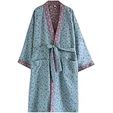 PRINCESS BRIDE Yarn-dyed Cotton Jacquard Elegant Kimono Robe Traditional Loose Yukata Bathrobe Mid-Length Loungewear for Women 165/88A/L(Lake Blue)