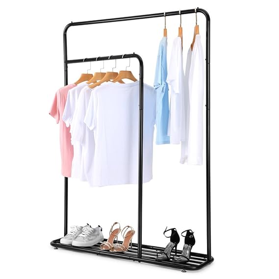 Cozzine Kleiderständer, Garderobenständer mit schuhablage Metallrohr  Doppel Stangen Schwarz