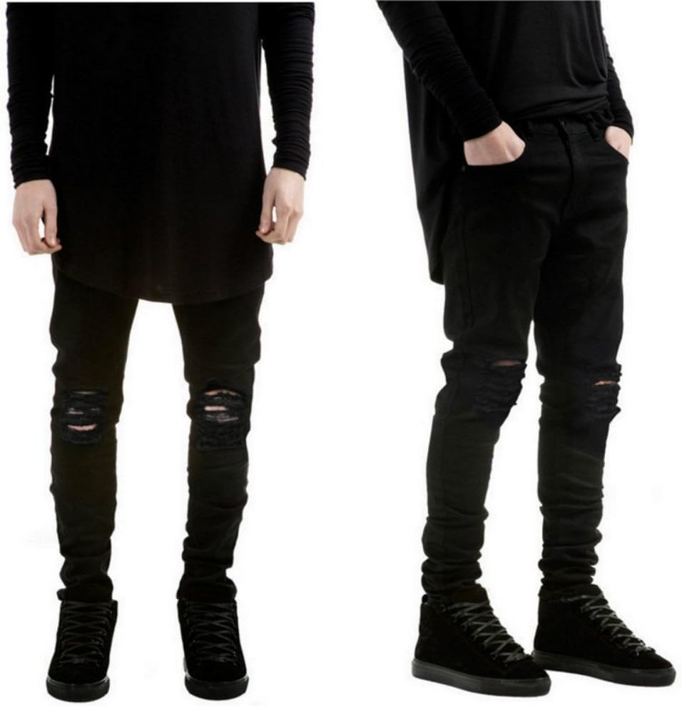 Leward Men's Slim Fit Black Stretch Destroyed Ripped Skinny Denim Jeans