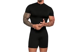 SHENHE Men's Short Sleeve Mock Neck Bodysuit Full Body Zip Up Leotard Slim Fit Jumpsuits