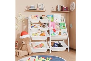 FAESUN Kids Bookshelf and Toy Organizer, 4-Tier Toy Storage with 7 Removable Plastic Bins, Montessori Bookshelf Storage for Kids & Toddlers, Nursery Book Shelves for Playroom, Bedroom, Kids Room,White