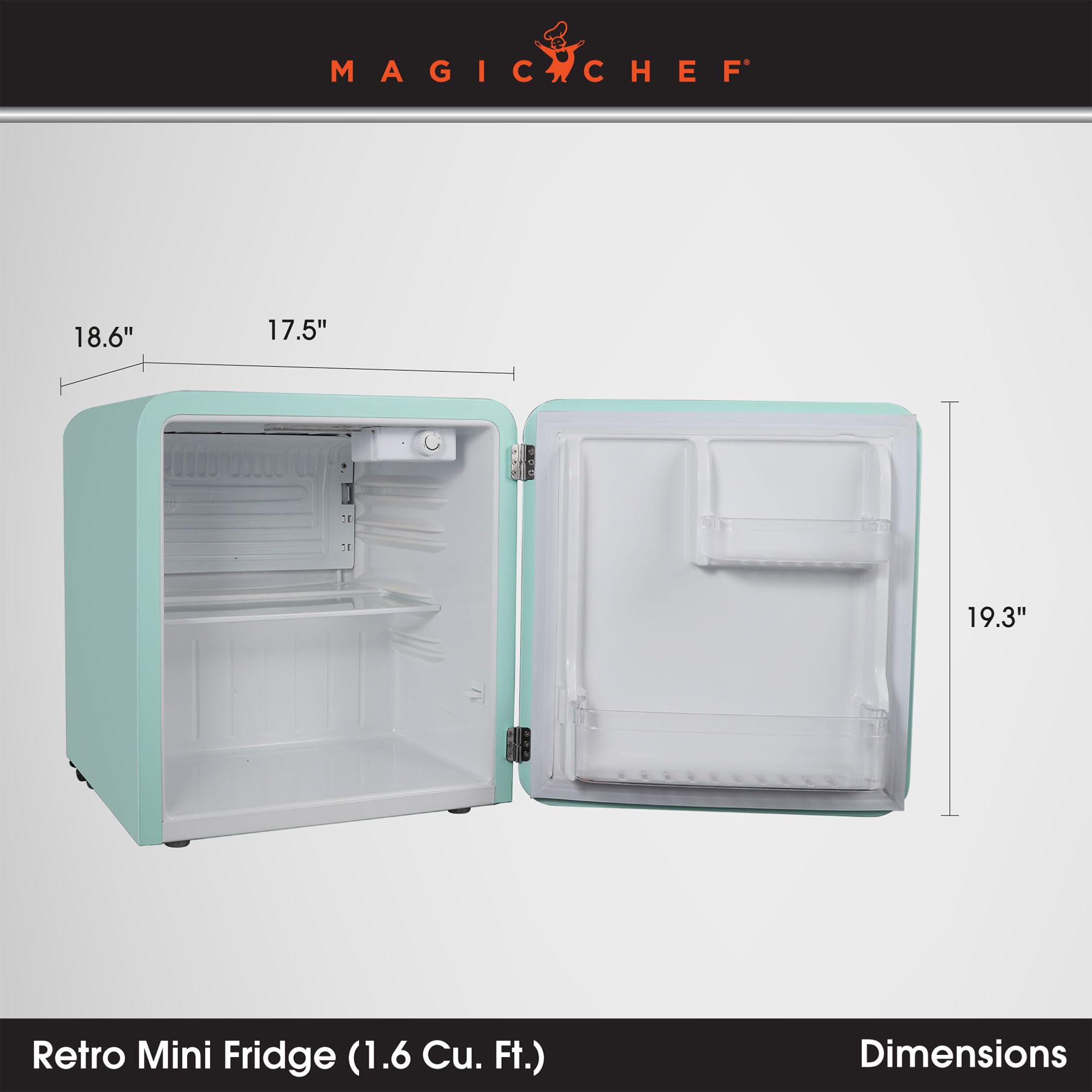 Magic Chef 1.6 Cubic Feet Retro Style Mini Fridge with Interior LED Light and Removable Glass Shelf Ideal for Bedroom and Recreational Room, Mint
