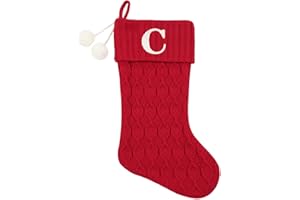 Just Jolly 20 Inchs Red Knit Christmas Stockings, Personalized Initial Embroidered Xmas Stocking Larger Sock for Christmas Tree Fireplace Christmas Party Holiday Hanging Stocking Decorations(C)