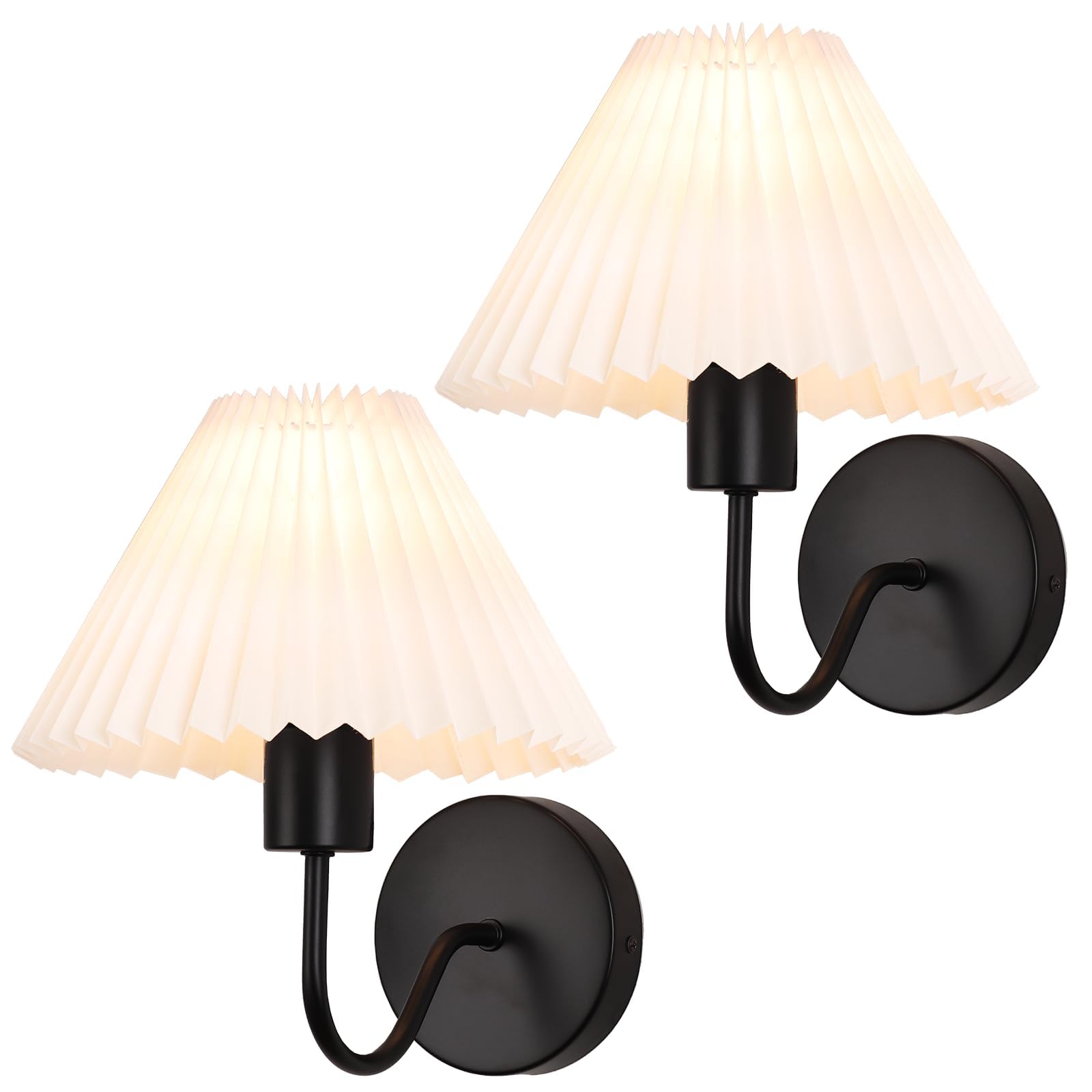 Photo 1 of Black Wall Sconces Sets of 2, White Pleated Fabric lampshade, Indoor Gooseneck Wall Lamp Lighting, Bathroom Dresser Hardwired sconces wall decor Fixture for Living Room Bedroom Dining Room Hallway
