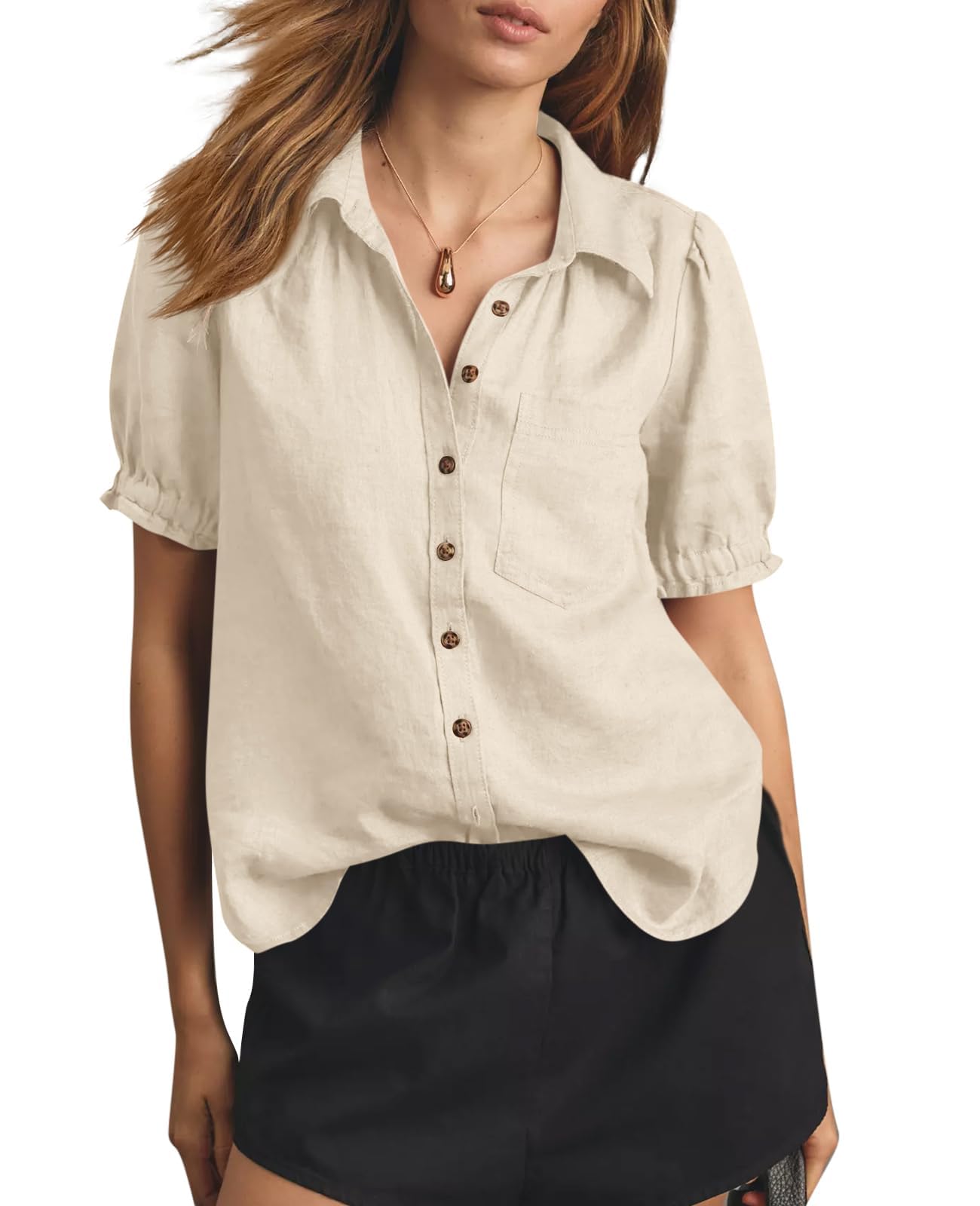 Photo 1 of *large* Cicy Bell Womens Puff Short Sleeve Button Down Shirts Summer Casual Collared V Neck Blouse Linen Loose Fit Work Tops Beige large