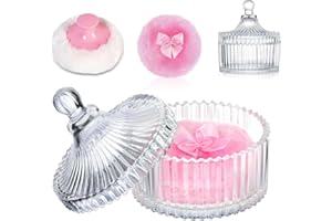 4 Inch Glass Dusting Powder Container with 2 Puffs, 280ml Body Powder Jar for Women, Refillable Clear Container Set with Bow 