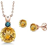 Gem Stone King 18K Rose Gold Plated Silver Round Yellow Citrine and Blue Diamond Pendant and Earrings Jewelry Set For Women (5.12 Cttw, Gemstone Birthstone, with 18 Inch Chain)