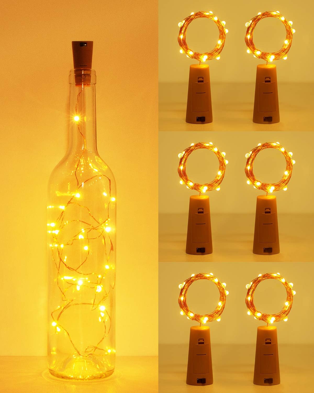 Kolpop 6 Pack Bottle Lights, Cork Lights for Wine Bottles, 2m 20 LED Copper Wire Fairy Lights for Parties, Birthday, Wedding, Christmas DIY Table Centrepieces Indoor/Outdoor Decoration(Warm White)