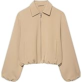 Xunger Women’s Cropped Bomber Jacket Puffed Sleeves Zip Up Trendy Casual Streetwear Outerwear with Pockets