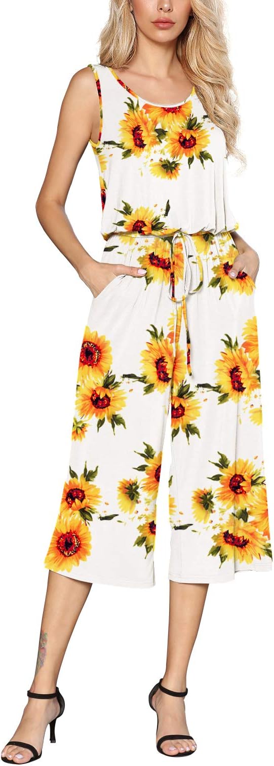 Women's Casual Sleeveless Loose Elastic Waist Stretchy Wide Leg Long Romper Jumpsuit With Pockets