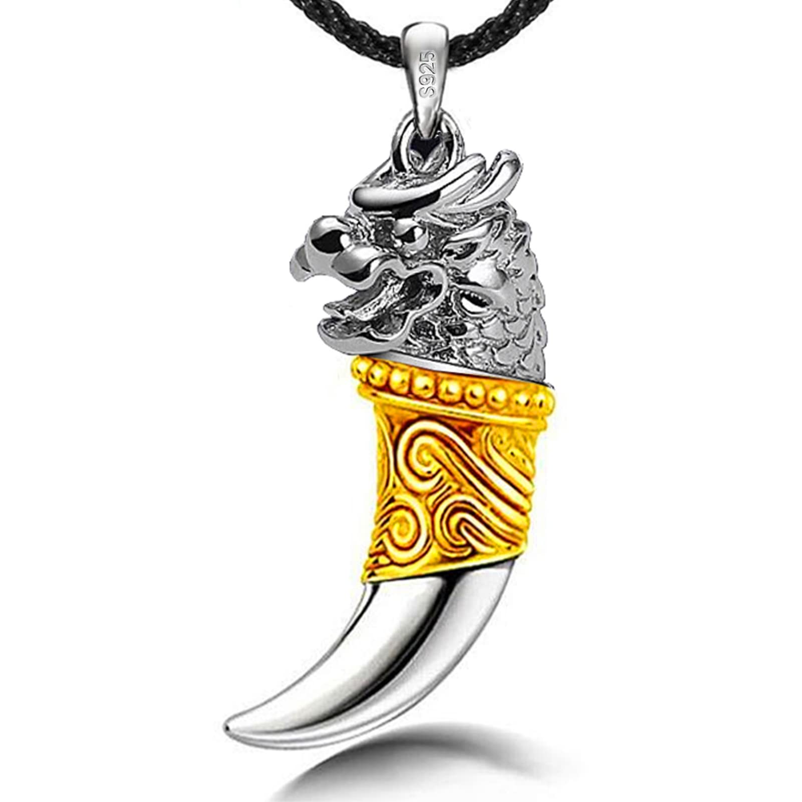 Perfect 4U Dragon Head 925 Sterling Silver Necklace Wolf Tooth Pendant Golden Necklace Jewelry for Wolf Lover Women Men Girls Mom Friend Birthday Gifts with 23 Inches Two Chain