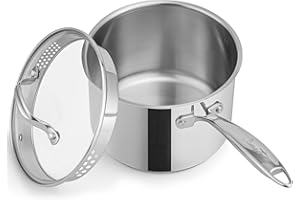 Ciwete 3 Qt Stainless Steel Saucepan with Glass Strainer Lid, 3 Quart Pot Stainless Steel Sauce Pan with Pour Spout, Mirror P